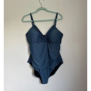 Hilor Blue Ruched One Piece‎ Swimsuit Women's XXL (Est) Adj-Straps Tummy Control